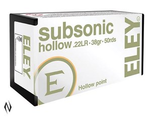 ELEY
ELSH
SUBSONIC HP 
22LR, 38GR, 1040 FPS 
HOLLOW POINT 
AMMUNITION 

$18.90 /PER 50
$170.10 /PER 500
$1540 /PER 5000