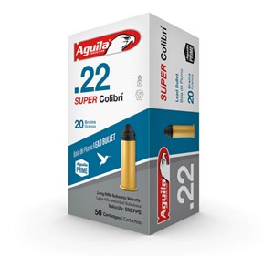 AGUILA
1B220339
SUPER COLIBRI
SUBSONIC - SUPER QUIET 
22LR, 20GR, LEAD
590 FPS

$12.90 /PER 50
$115 /PER 500