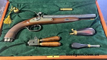 Pedersoli double barrel 54 BP muzzle loading howdah pistol. Comes cased with accessories. Can provide load data. Price Neg.