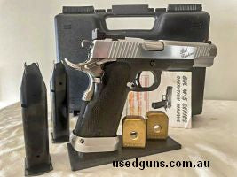 Bul M5 Custom 38 Super with bull barrel, flared mag well and extended mag release. (2) as new original magazines with Victor Precision base plates. Original cas