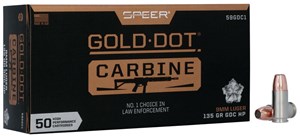 SPEER
S59GDC1
GOLD DOT CARBINE
9MM, 130GR, HP
1170 FPS
AMMUNITION

$135 /PER 50
$1095 /PER 500
