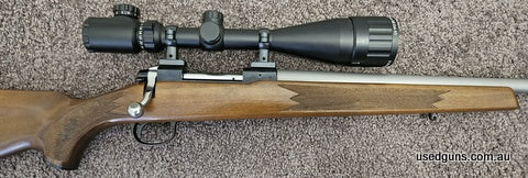 Top quality rifle brand new M55 in 17 Rem has been rebarrelled with a 26 inch stainless Maddco barrel 1 in 9 twist not fired since factory fitting. 6-24X scope 