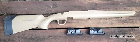 Savage Axis II XP FDE Synthetic Sporter Stock and two 4 round .243/7mm-08/.308 Savage Axis Magazines. Stock comes factory fitted with a recoil pad and is design