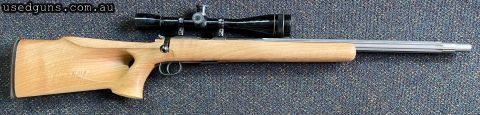Good condition Brno 2 in 22LR. Has an ergonomic thumbhole stock. Sports a RDT 22 inch heavy fluted barrel. Minor marks to the scope otherwise cleans up well. $6
