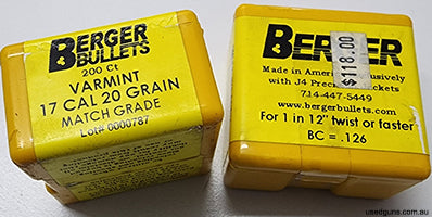 2x boxes of 200 projectile (so 400 total), new unopened. Hard to find match Grade Berger 17 cal projies. Includes postage all over Oz.