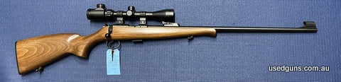 Good condition CZ 455 in 22LR. Has a 3-9x40 scope mounted. Barrel in very good condition. Has original open sights. Woodwork in very good condition. Great train