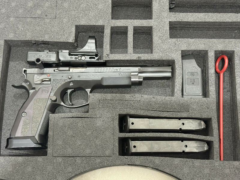 Cased with 2 mags, low round count for a pistol of this kind. Only ever had minor power factor ammunition through it. Excellent trigger. One of the cheapest ope