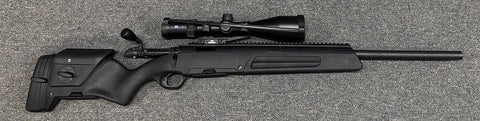 Steyr Elite cold hammer forged varmint barrel, built in bipod, two 5 shot magazines. Zeiss Conquest V4 3-12x56 scope on X-Skel mount. plus postage