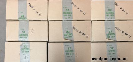 9 x 32 round mostly sealed packs of .303 Mk7 Ball Cartridges issued in 1954. These packs were usually packaged in a sealed tin/wooden crate (Not included) for a