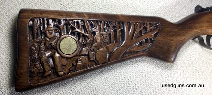 Joe Sharman hand carved original Waltzing Matilda scene from the Billy Tea logo. Highly collectable tribute to the Australian made rifle.