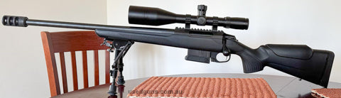 Tikka CTR Left Hand version in .308 Win., 20 inch barrel with factory muzzle brake. Night Prowler bipod also included. Bushnell Elite 6-24x50 MD Tactical scope,