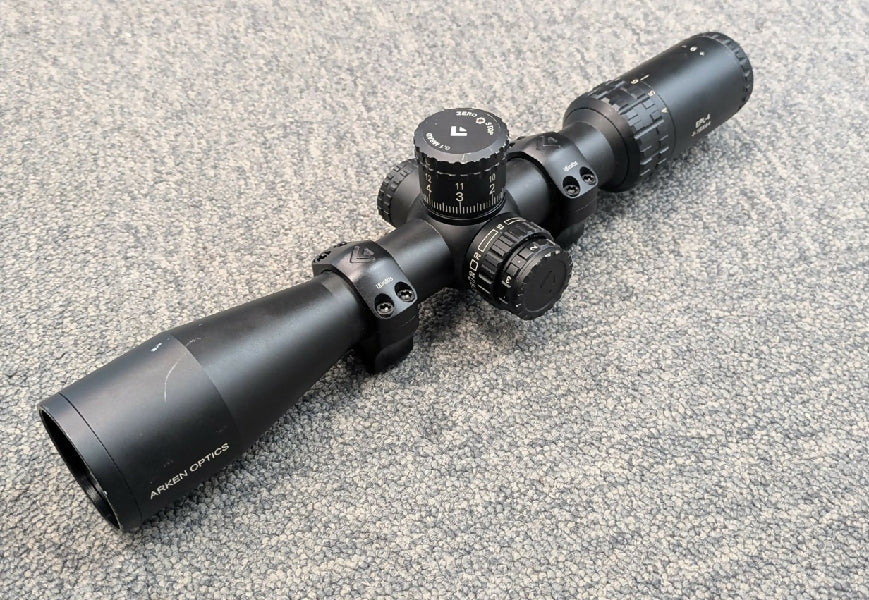 A pre-owned Arken Optics EPL-4 4-14x44 FFP VHR MIL scope in very good condition. This scope comes with Arken Picatinny mounts. The scope is classed as very good