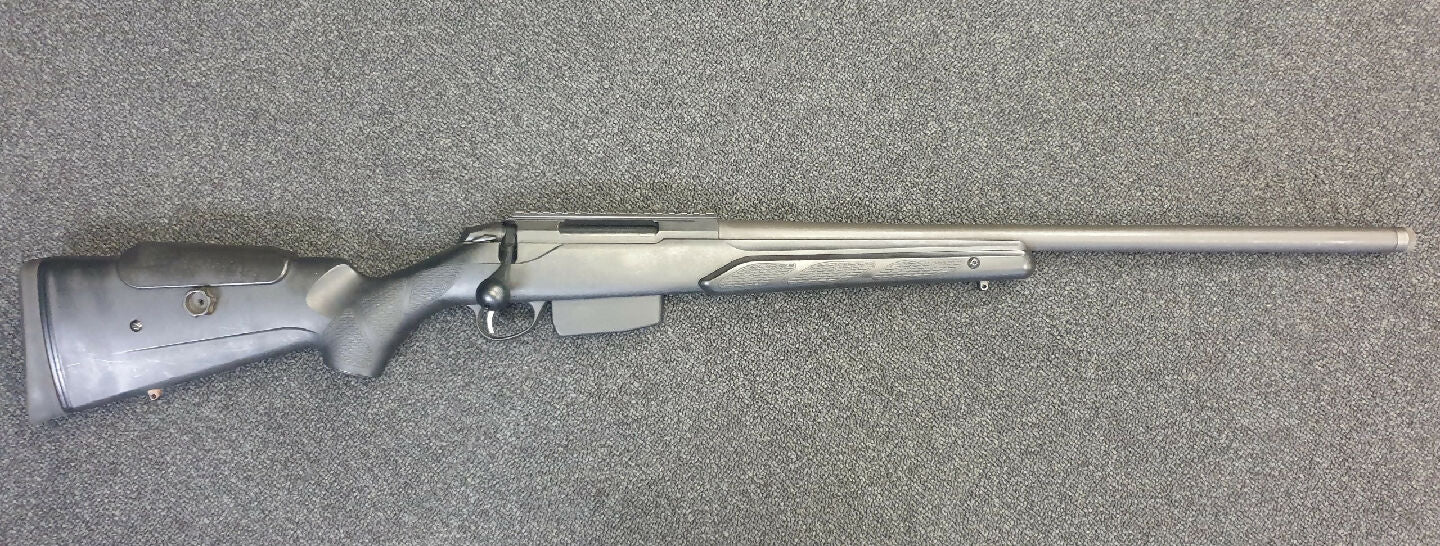 Tikka T3 Super Varmint in .308. Sought after Tikka model with the adjustable cheek piece. Varmint profile barrel is threaded and Cerakoted. 5 round Tikka magazi