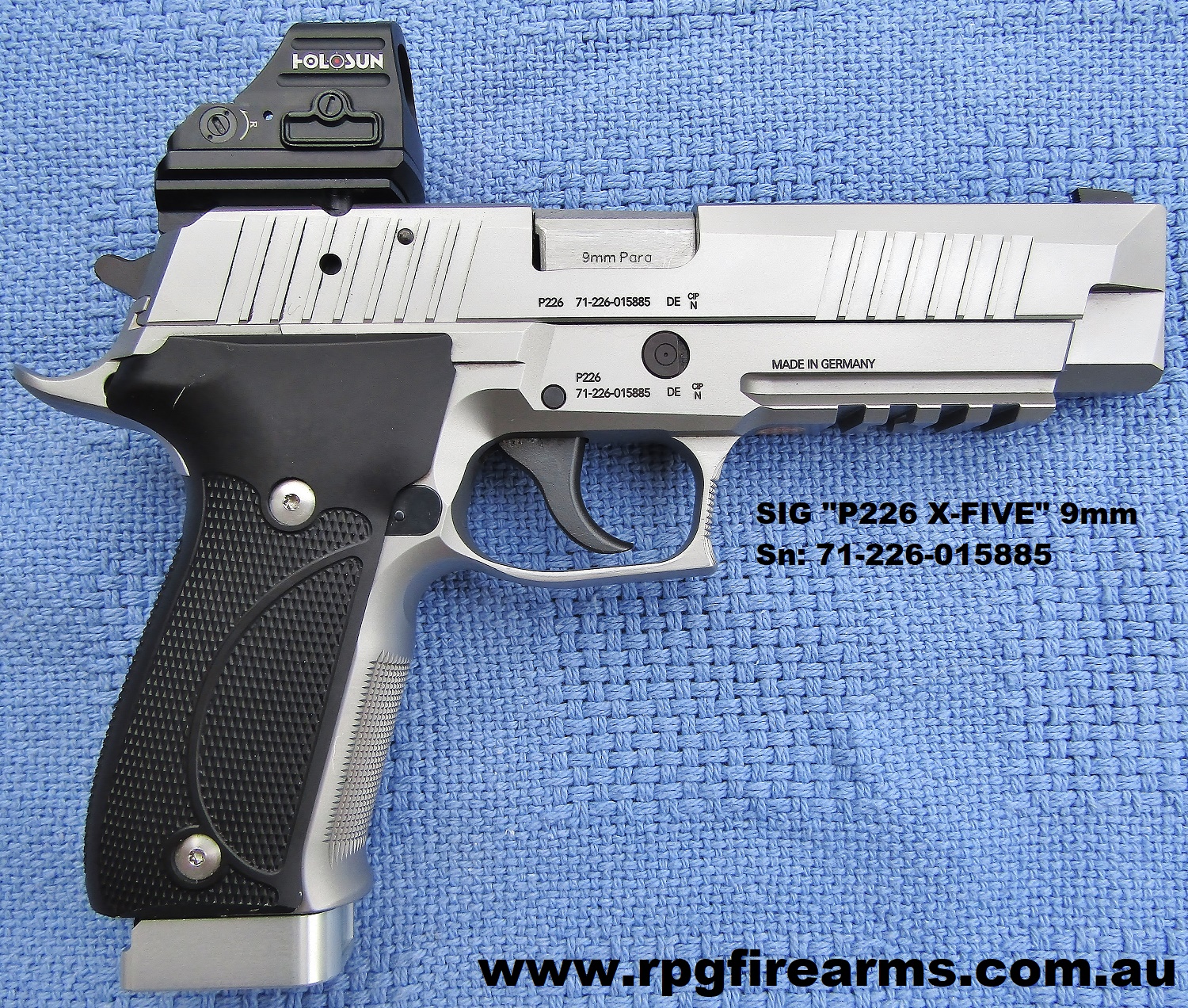 SIG P226 X-FIVE 9mm EXCELLENT This top class competition gun come with nine ten-shot mags with bumpers, SRT 
(short reset trigger) installed, lightened main spring with titanium shoe and 
a bright glassy barrel, "HOLOSUN" red-dot sight and case etc