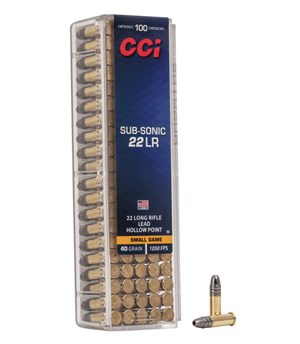CCI
C56
SUBSONIC
22LR, 40GR, HOLLOW POINT
1050 FPS
AMMUNITION 
 
$25.90 /PER 100
$116.55 /PER 500
$1049 /PER 5000