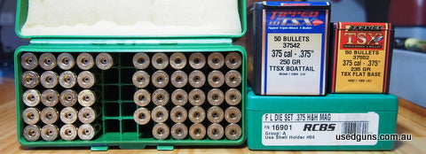 RCBS 375 H&H 3 Die set , 29 once fired & 21 new unprimed Norma Cases , ( 50 cases ), 24 Barnes 235 GN Flat base , & 36 , 250 GN Barnes TTSX BT ,+ Postage , Of n