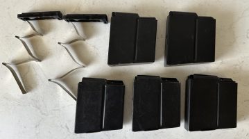 5 x AW 10 round 308 (or similar) magazines, 2 of which have had the HRD kits installed for shooting 6mm BR etc for a gun build that never eventuated. All mag bo