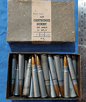 Military Collectible - INERT , fired primers, no propellant powder. 32 rounds of DUMMY .303 FMJ . In Card board transit box dated 22 Nov 1943. ( Box has small a
