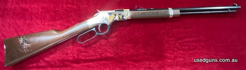 New Henry Rodeo Tribute 22 Lever Action Rifle 19" Octagonal Barrel Semi Buckhorn sights Engraved Action with Gold Inlay Carved American Walnut Stock & Forend Ba