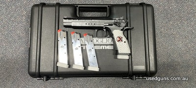 Brand new in box Tanfoglio Gold Match Extreme chambered in 9mm. Comes with 4 magazines, extended baseplates, 152mm barrel and an extended beavertail grip. One o
