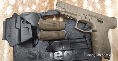 Striker-fired 9mm, integrated picatinny rail, internal safety, optimised slide serrations, three-dot sight system, and enhanced ergonomics deliver consistent pe