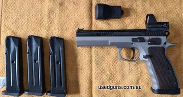 This CZ 75 TS is all setup for competition shooting. It has a 1.8 pound trigger upgrade, flared magwell, flat trigger, deltapoint pro red dot ($800 site) 3 x 10