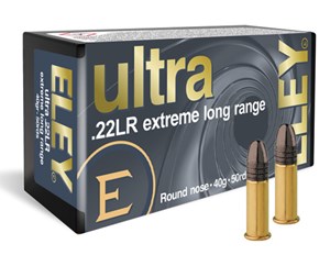 ELEY
ELUE
ULTRA EXTREME LONG RANGE
22LR, 40GR, 1100FPS
AMMUNITION

$43.90 /PER 50
$395 /PER 500
$3590 /PER 5000