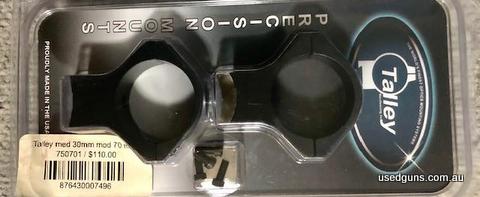 Talley Winchester Model 70 Rifle 30mm medium mounts. Light weight high grade aircraft alloy mounts. Phone 0429849007. If reply by email please forward return ph