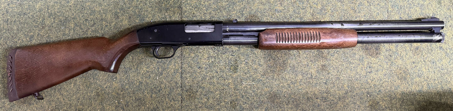 This 12gauge pump action shotgun is in sound working order and cycles perfectly. The blueing is worn in places and there are some small dings and scratches cons