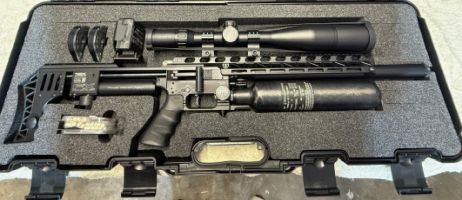 Presents in as new condition, very little use. Fitted with 20MOA rail, Vector Optics 6-30x56 scope, FX Bluetooth chronograph and AirKing AK300 compressor. The c