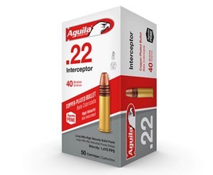 AGUILA
1B220320
INTERCEPTOR 
40GR, HIGH VELOCITY
COPPER PLATED SP
1470 FPS

$19.50 /PER 50
$175.50 /PER 500
$331.50 /PER 1000