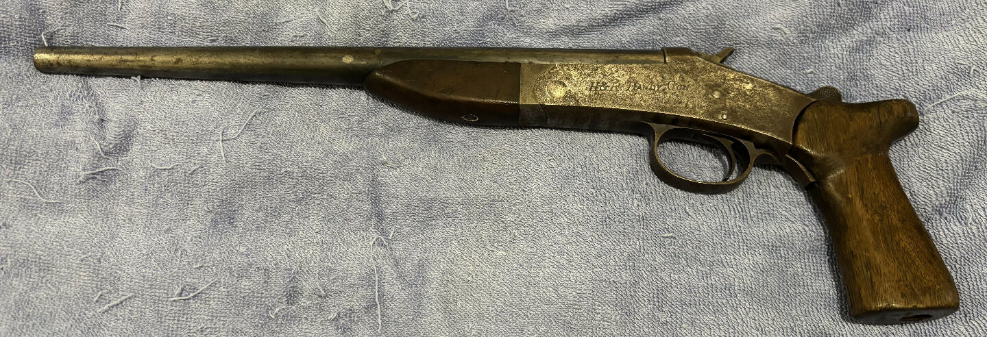A real collector’s item! This Harrington & Richardson Handy Gun is a break action single shot .410. They were manufactured between 1921 & 1934 (about 54,000 mad