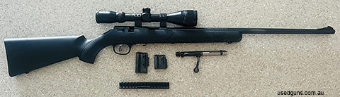 In good condition. Purchased new 10 years ago and has been used twice, so time to go. Lucky to of had 100 rounds through it. Comes with scope and mounts, two or