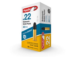 AGUILA
1B220269
SUBSONIC
22LR, 40GR, LEAD
SOLID POINT
1025 FPS

$9.90 /PER 50
$89.10 /PER 500
$175 /PER 1000