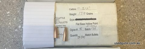 1270 .312 174 grain flat base hollow point jacketed projectiles. 173 .312 130 grain flat base hollow point projectiles. These are custom made by a bullet maker.