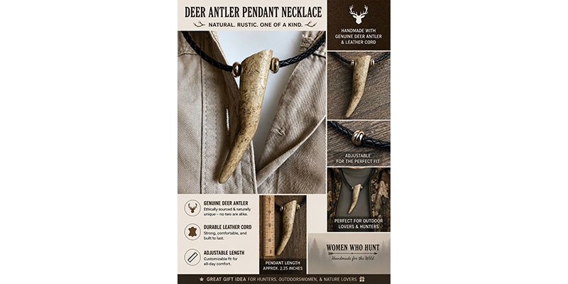 Handmade Deer Antler Pendant Necklace – Natural Antler with Timber Beads