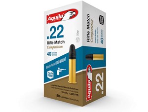 AGUILA
1B220518
RIFLE MATCH COMPETITION
22LR, 40GR, STANDARD VELOCITY
LEAD SP
1080 FPS

$12.95 /PER 50
$116.55 /PER 500
$220.15 /PER 1000