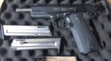 Colt gold cup in as new condition and would suit new buyer , in original box with 2 magazines and comes with camo holster , rarely used , selling due to work an