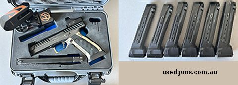 Laugo Arms Alien comes with below items, roughly 1000 rounds shot Alien Pistol Red Dot and rail Double Alpha holster 6 magazines Double Alpha Double carry bag (