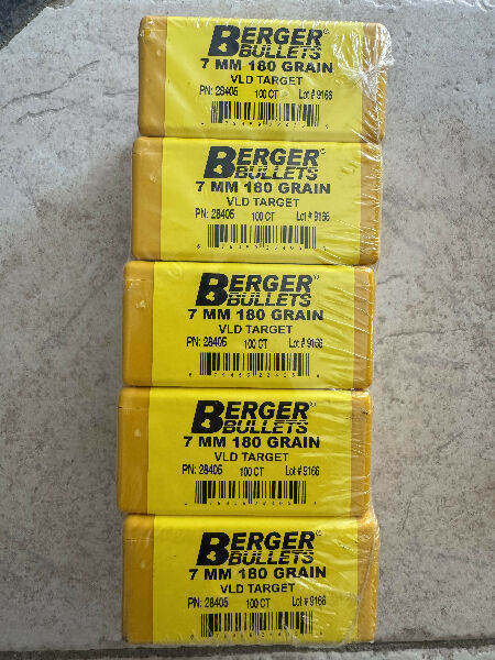 5 x boxes 7mm Berger VLD 180G Target Projectiles   $500 plus post
