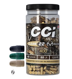CCI
C966CC
CLEAN-22 REALTREE CAMO 
40GR HIGH VELOCITY COATED RN
1235 FPS

SPECIAL $69.90 /PER 400 ROUND BOTTLE