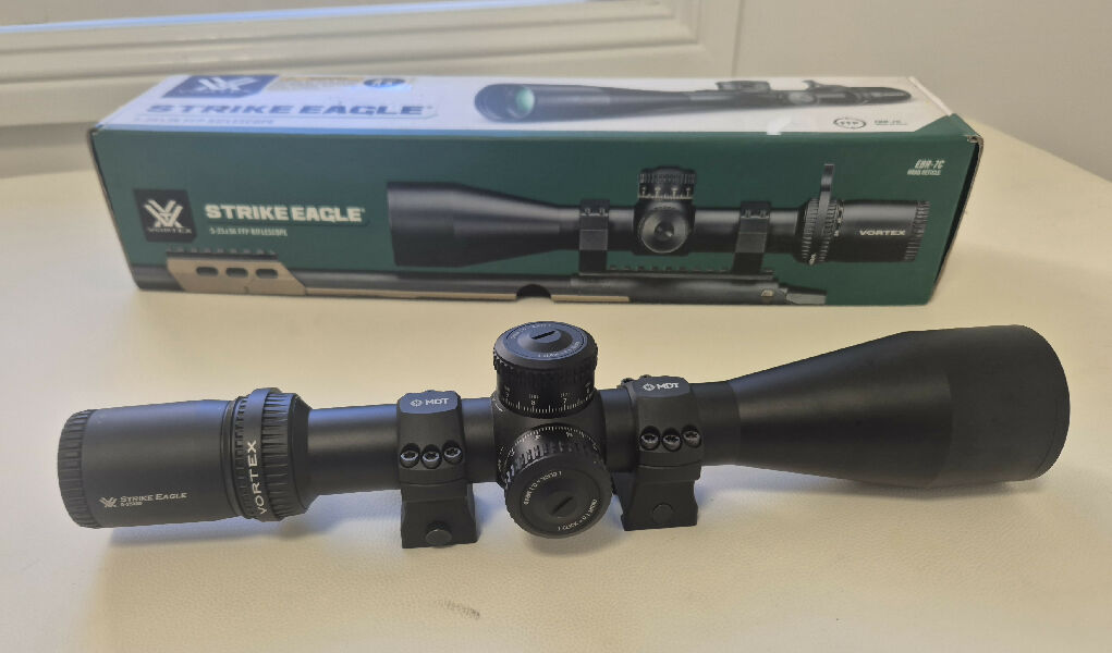 Vortex Strike Eagle 5-25x56 FFP Milrad EBR-7C reticle in MDT rings in as new condition.