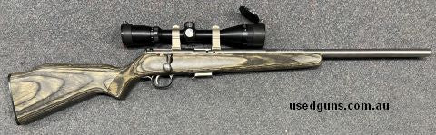 Savage 93R17 17 HMR with 20" Heavy stainless barrel and grey laminate stock. Comes topped with a Tasco 4-12x40 with Adjustable Objective. Has not seen much use 