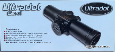 Ultradot sight, high quantity made in Japan 4 MOA , 30mm tube. Mounted to rifle but never fired...comes with additional set of quality steel rings