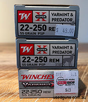 Factory Winchester 22-250. 60 rounds 2x boxes Winchester super x 55g 1x box Winchester varmit x 55g. Call 0404996221. Central coast NSW