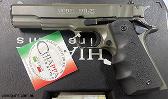 brand new in stock ready for immediate delivery, Chiappa 1911-22 chambered in 22lr. OD green finish pistol comes with a carry case and 2 spare magazines, price 