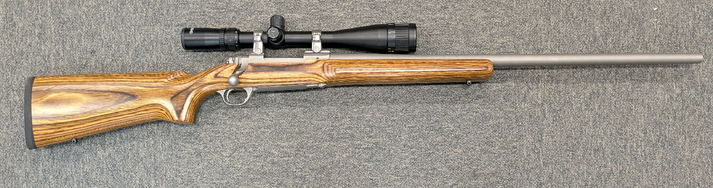 A Ruger 77 Mark II Stainless in 223 Rem in very good condition. This rifle comes with a Tasco 6-24x scope with Adjustable Objective for parallax and Ruger mouin