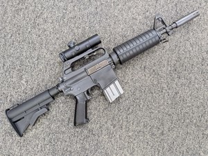 COLT
SP1 AR15
XM177 E1 CLONE
223REM
20 SHOT
SEMI AUTO
CATEGORY D
10.5 INCH BARREL
COLT ORIGINAL 4X20 SCOPE
AND CARRY HANDLE MOUNT
XM177 MUZZLE BRAKE
VERY RARE
#SP146238

EXC+ $5490 NFD
UN-BONDED CATEGORY D RIFLE
NO AG PERMIT REQUIRED FOR PURCHASE