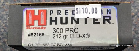 Box of Hornady Precision Hunter ammuntion in 300 PRC loaded with 212gr Hornady ELD-X projectile. Hornady SKU #82166. Seven boxes available at this price. Pick u