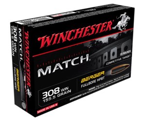 WINCHESTER
S308MB
MATCH
308WIN, 155GR, HPBT
AMMUNITION
LOADED WITH BERGER PROJECTILES

SPECIAL
$49.90 /PER 20
$249.50 /PER 100
$499 /PER 200